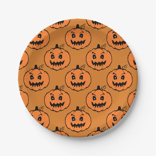 Assiettes En Carton Motif Citrouille d'horreur d'Halloween (Devant)