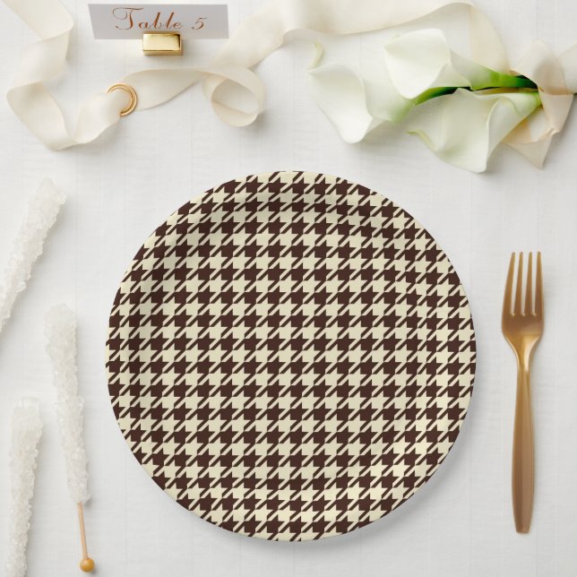Assiettes En Carton Motif classique Brown ivoire Pepita Houndstooth (Mariage)