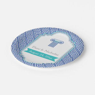 Assiettes En Carton Motif clé grecque et mariage colonne bleu aqua