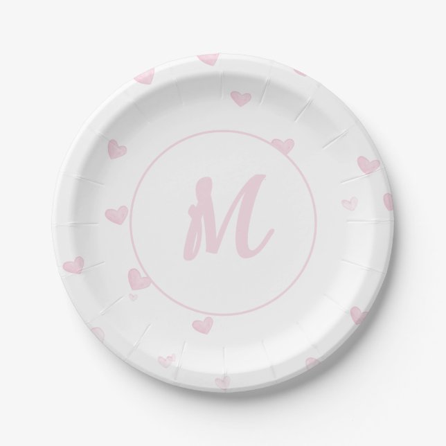 Assiettes En Carton Motif Coeur rose Fille Romantique Monogramme (Devant)