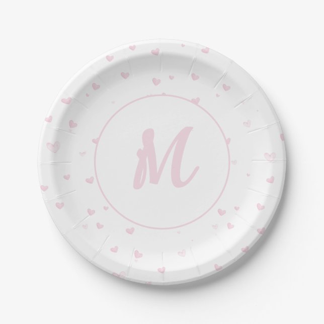 Assiettes En Carton Motif Coeur rose Fille Romantique Monogramme (Devant)