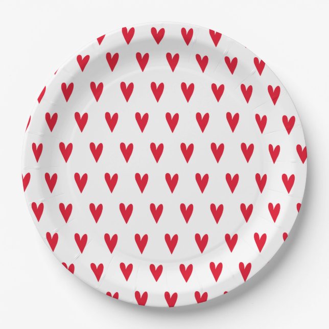 Assiettes En Carton Motif Cœurs Rouges | Romantique (Devant)