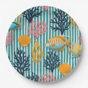 Assiettes En Carton Motif coloré de la vie marine côtière (12)
