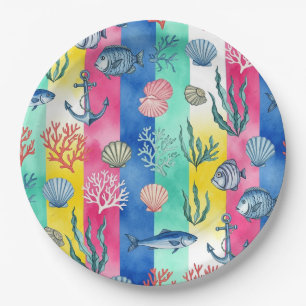 Assiettes En Carton Motif coloré de la vie marine côtière (6)