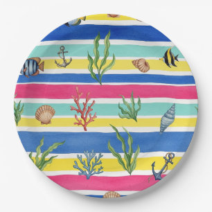 Assiettes En Carton Motif coloré de la vie marine côtière (7)