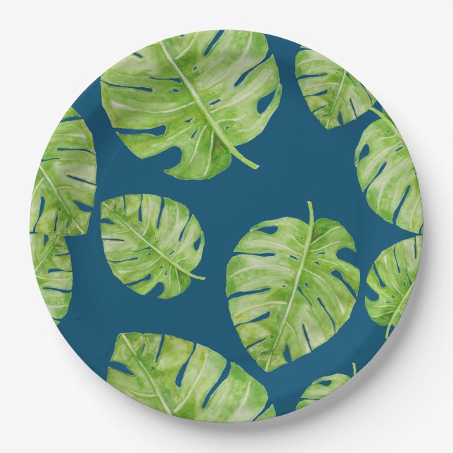 Assiettes En Carton Motif Cute Chic Banane feuille bleu vert (Devant)