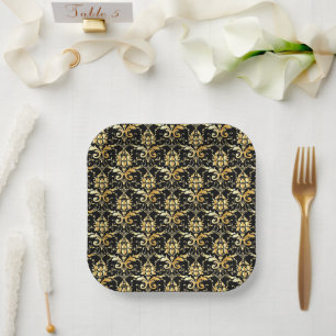 Assiettes En Carton Motif damassé doré sur fond noir