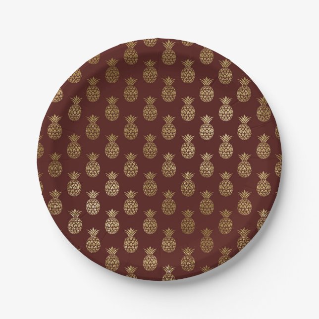 Assiettes En Carton Motif d'ananas Bourgogne et d'huile d'or (Devant)