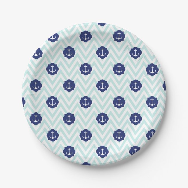 Assiettes En Carton Motif d'Ancres bleu marine Chevron nautique (Devant)