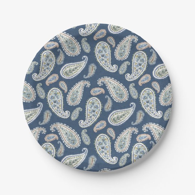 Assiettes En Carton Motif d'aquarelle Blue Paisley (Devant)
