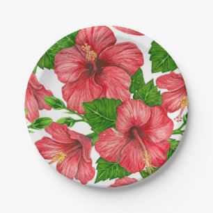 Assiettes En Carton Motif d'aquarelle d'hibiscus rouge