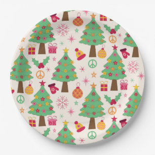 Assiettes En Carton Motif d'arbres de Noël rétro groovy des années 70