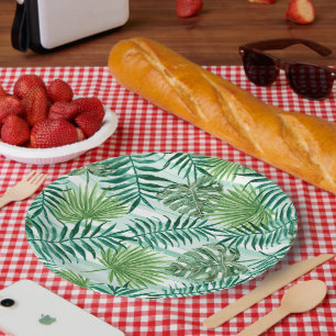 Assiettes En Carton Motif d'art de feuilles de palmier vert tropical c