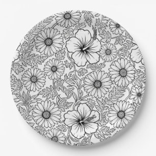Assiettes En Carton Motif d'art en ligne floral noir et blanc élégant 