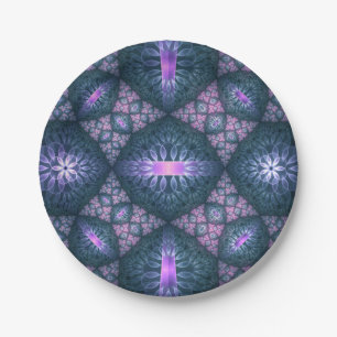 Assiettes En Carton motif d'art fractal 3D Turquoise violet rose