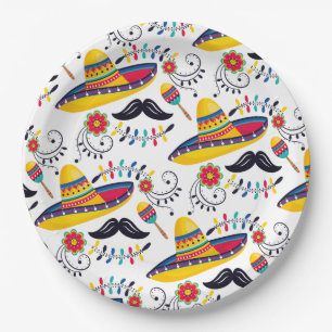 Assiettes En Carton Motif d'art populaire mexicain Sombreros, Moustach