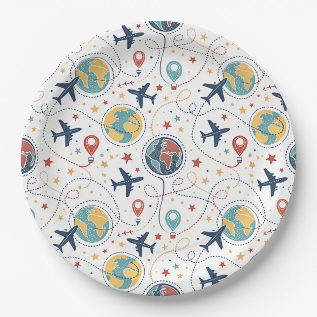 Assiettes En Carton Motif d'aviation pour les voyages mondiaux (1) (Devant)