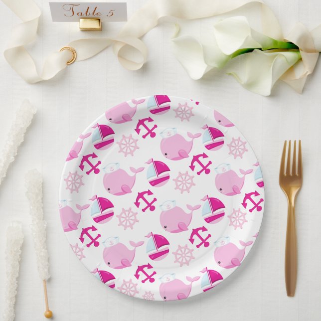 Assiettes En Carton Motif De Baleines, Beaux Baleines, Baleines Roses (Mariage)