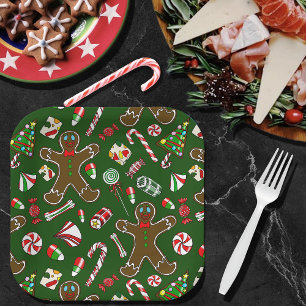Assiettes En Carton Motif de bonbon en pain d'épice festif vert ludiqu