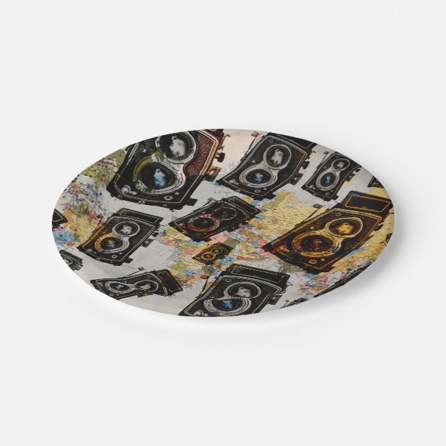 Assiettes En Carton Motif de caméra Vintage voyage (Angle)