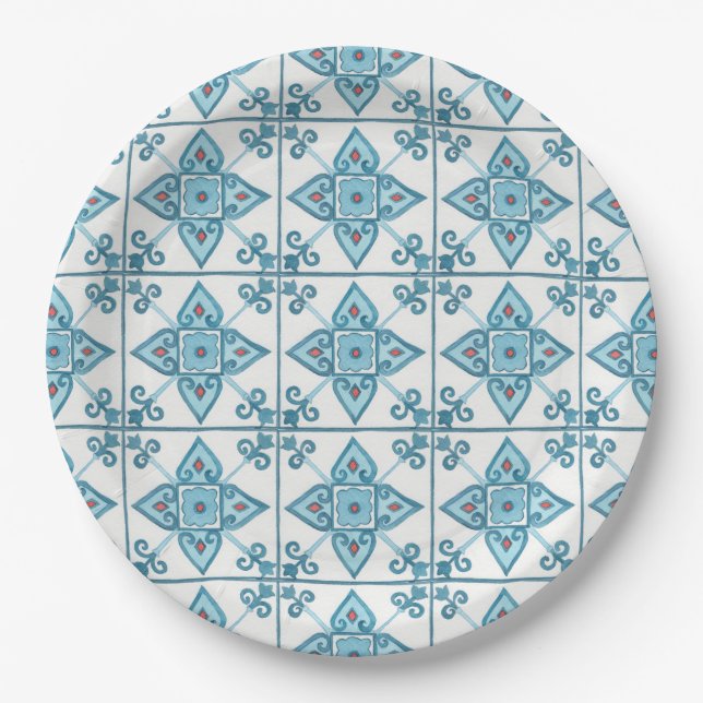 Assiettes En Carton Motif de carreaux bleus marocain (Devant)
