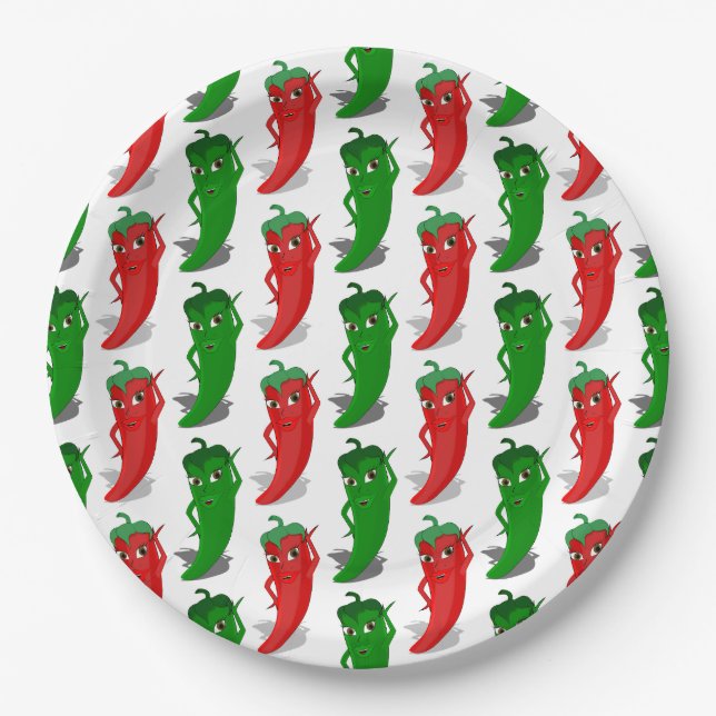 Assiettes En Carton Motif De Cartoon Rouge Et Vert Pepper Divas (Devant)