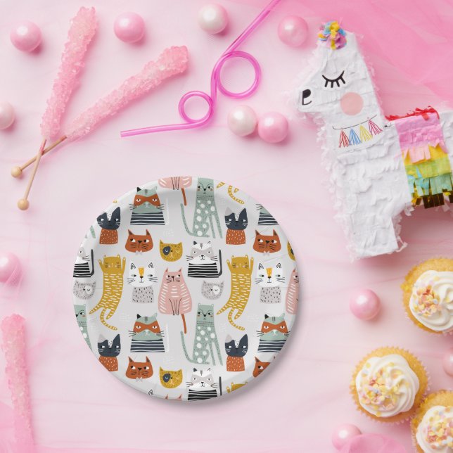 Assiettes En Carton Motif de chat à main mignon Doodle (Fête)