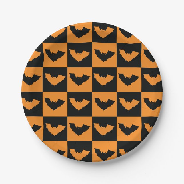 Assiettes En Carton Motif de chèques d'Halloween avec chauves-souris (Devant)