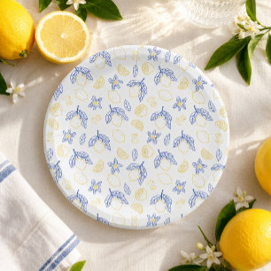 Assiettes En Carton Motif de citron agrumes bleu et jaune