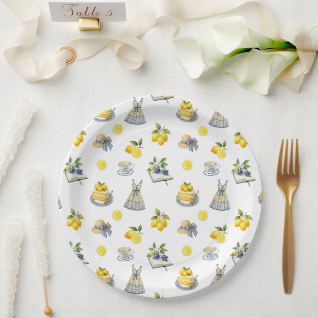 Assiettes En Carton Motif de citron d'été méditerranéen  (Mariage)