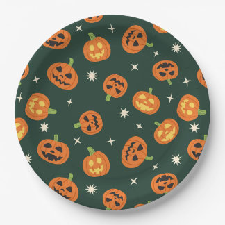 Assiettes En Carton Motif de citrouille jetée Halloween sur fond vert