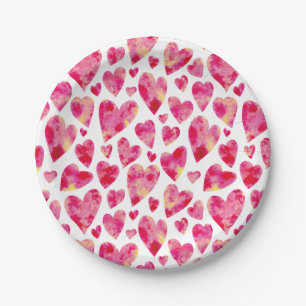Assiettes En Carton Motif de cœur d'amour à l'aquarelle rose