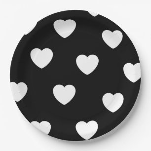 Assiettes En Carton Motif de coeur noir et blanc