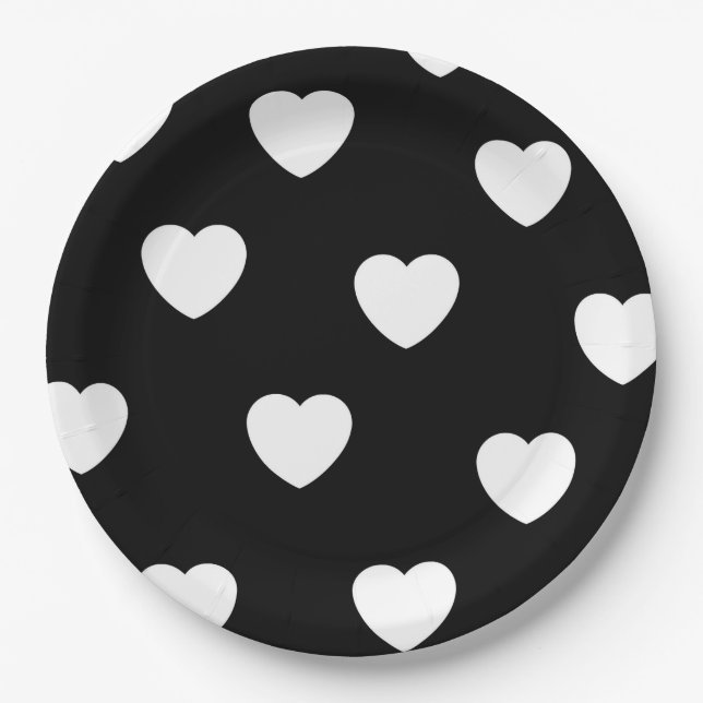 Assiettes En Carton Motif de coeur noir et blanc (Devant)