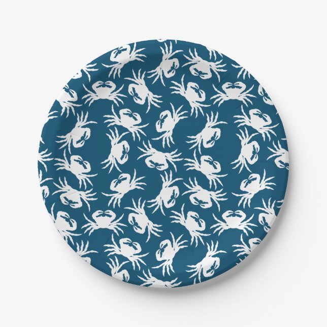 Assiettes En Carton Motif de crabe blanc et bleu sans joint (Devant)