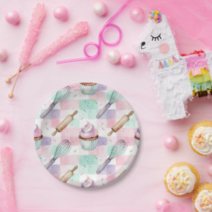 Assiettes En Carton Motif de cuisson de cupcake rose pastel et menthe
