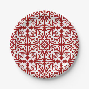 Assiettes En Carton Motif de damassé d'Ikat - rouge foncé et blanc