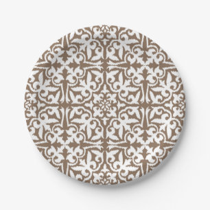 Assiettes En Carton Motif de damassé d'Ikat - Taupe Tan et blanc