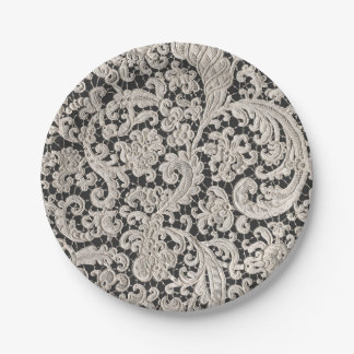 Assiettes En Carton Motif de dentelle florale noir et blanc orné