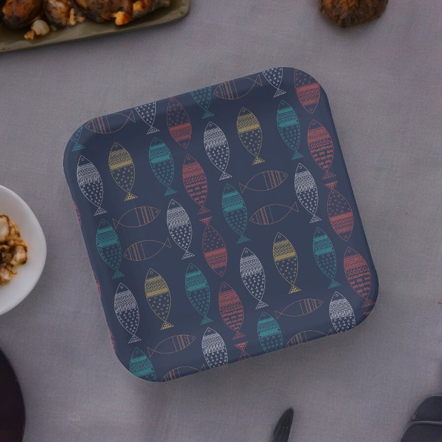 Assiettes En Carton Motif de dessin sur le poisson (tribal fish theme party,birthday,wedding,baby shower,special occasion event paper plate party suppli)