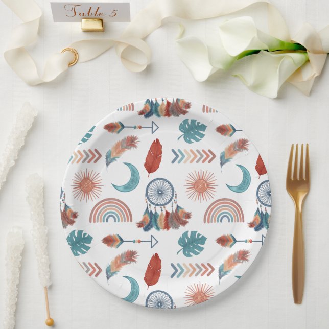 Assiettes En Carton Motif de dessins rétro boho (Mariage)