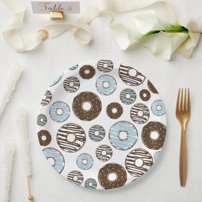 Assiettes En Carton Motif De Donuts, Donuts Bleus, Donuts Brown (Mariage)