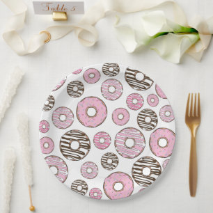 Assiettes En Carton Motif De Donuts, Donuts Roses, Donuts Blancs