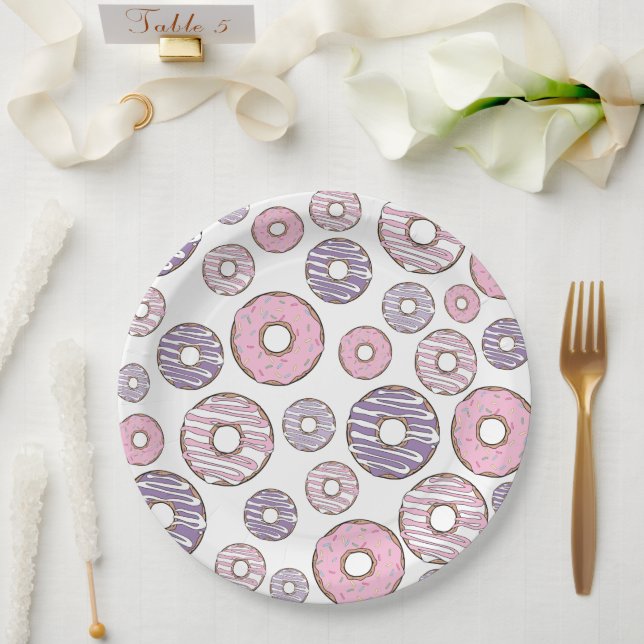 Assiettes En Carton Motif De Donuts, Donuts Roses, Donuts Violets (Mariage)