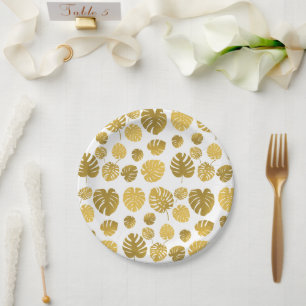 Assiettes En Carton Motif de feuilles tropicales de Monstera en or mod