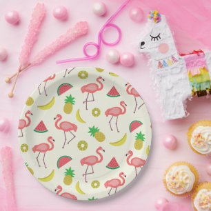 Assiettes En Carton Motif de flamant rose avec pastèque et ananas 