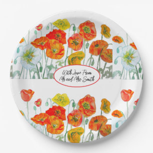 Assiettes En Carton Motif de fleur de pavot rouge orange aquarelle mar
