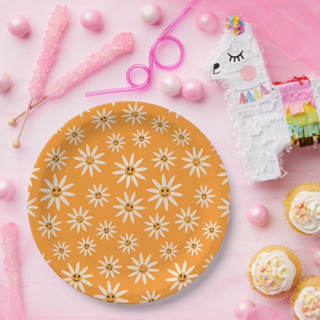 Assiettes En Carton Motif de fleurs blanches souriantes rétro (Fête)