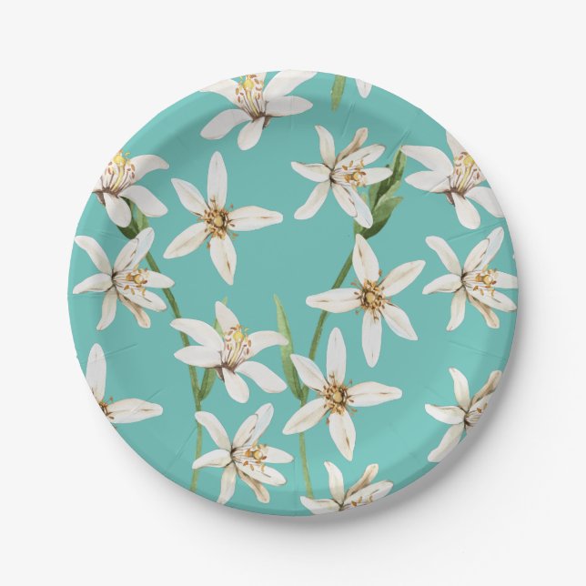 Assiettes En Carton Motif de fleurs de citron d'été sur turquoise (Devant)