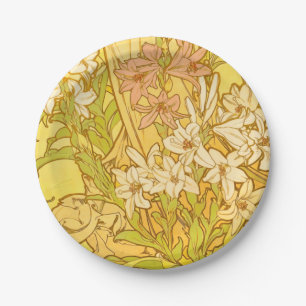 Assiettes En Carton Motif de fleurs de lys d'Alphonse Mucha : Art nouv